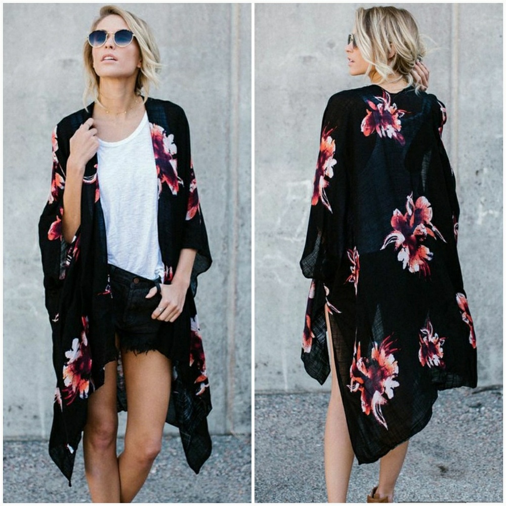 Floral Print Kimono Shawl-Cream - Picture 4 of 5