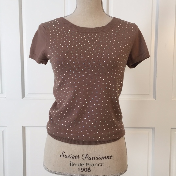 PHILOSOPHY Short-Sleeve Crew Neck Crystal Knit Top - Picture 1 of 5