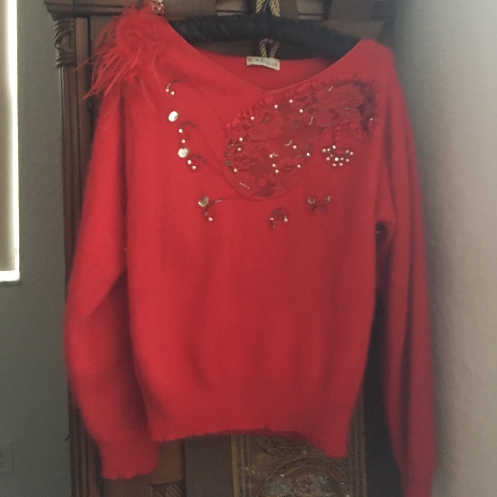 Women's Red Sweater Top with Lace and sequence