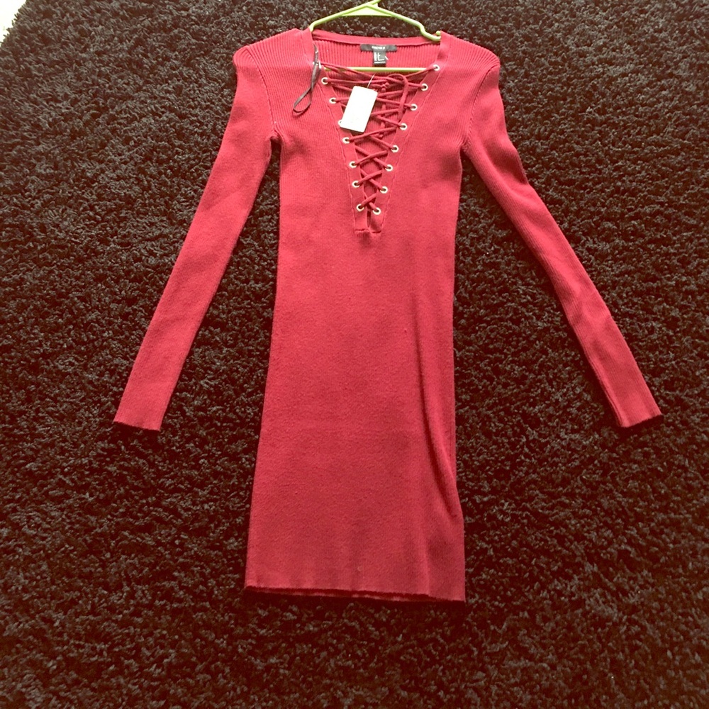 Lace up sexy red sweater dress