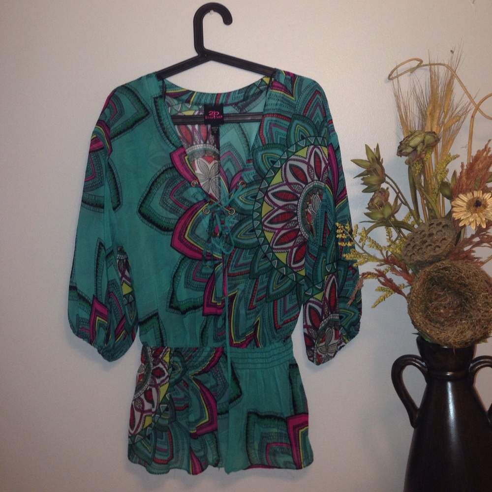 BEBE Teal Colored Light Floral Romper-esque Blouse