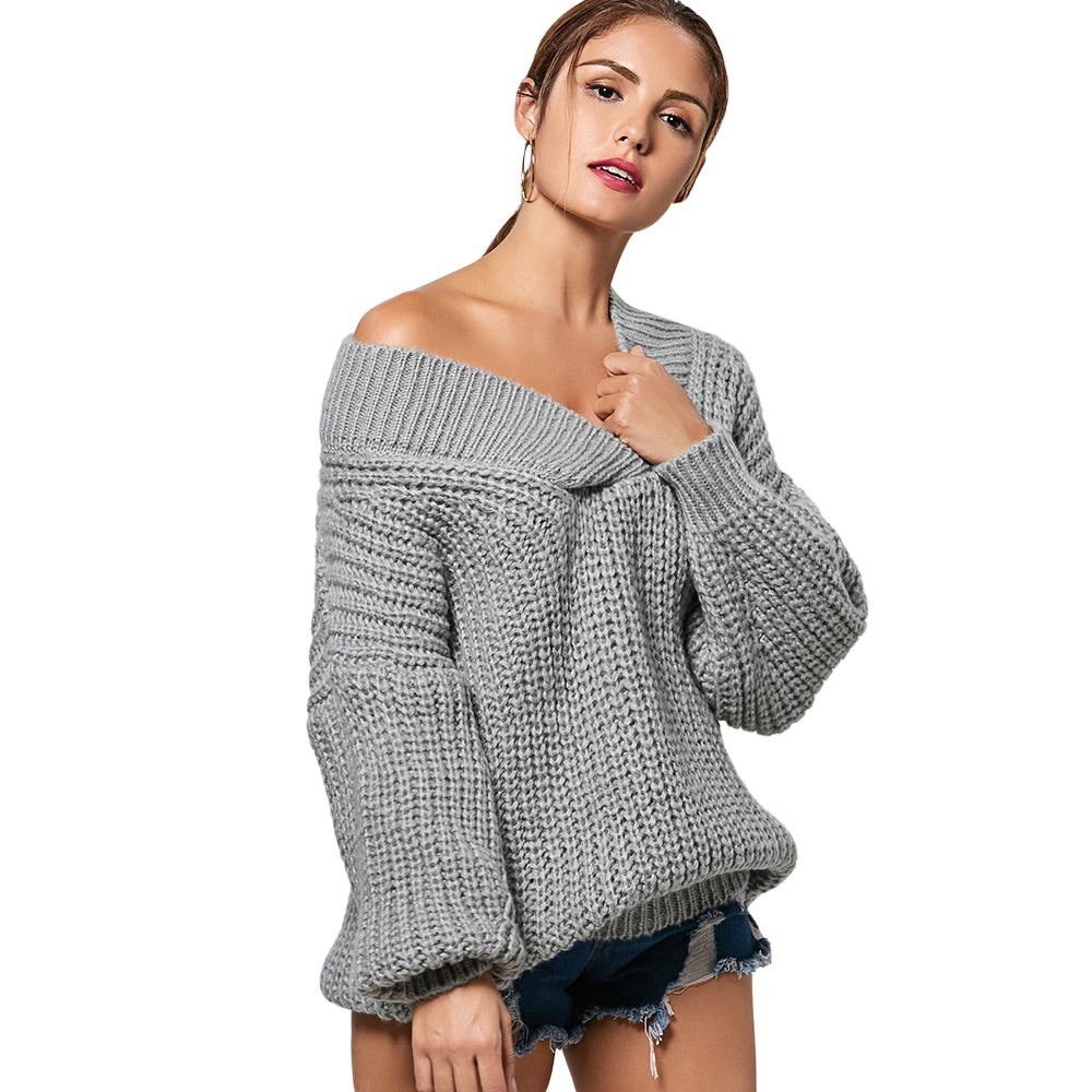 Thick Chunky Knit V Neck Off Shoulder Sweater Grey - Picture 6 of 8