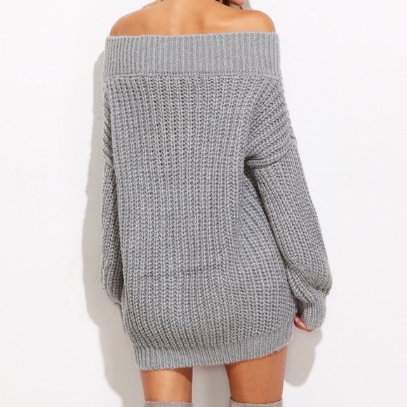 Thick Chunky Knit V Neck Off Shoulder Sweater Grey - Picture 4 of 8