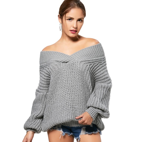 Thick Chunky Knit V Neck Off Shoulder Sweater Grey - Picture 5 of 8