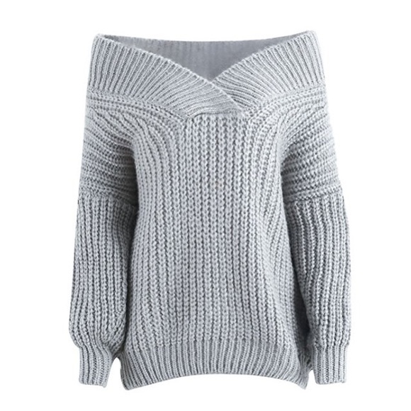 Thick Chunky Knit V Neck Off Shoulder Sweater Grey - Picture 8 of 8