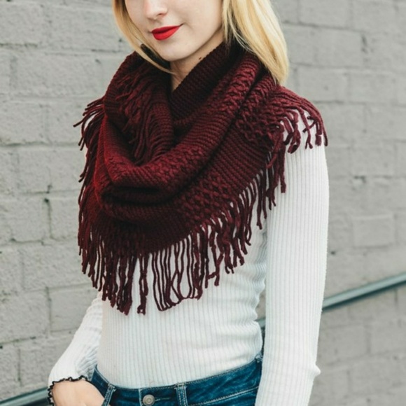 Burgundy Knit Fringe Infinity Scarf - Picture 2 of 3