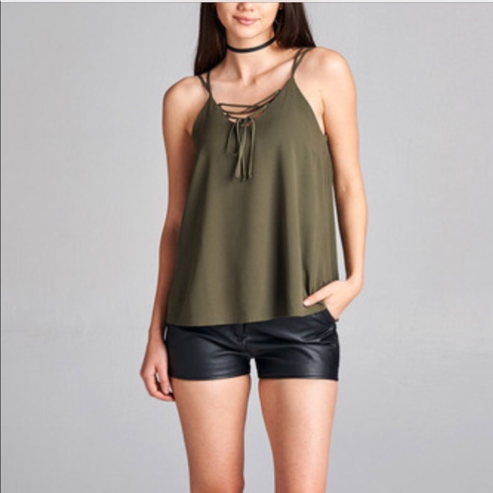 Double spaghetti strap lined in olive or rust