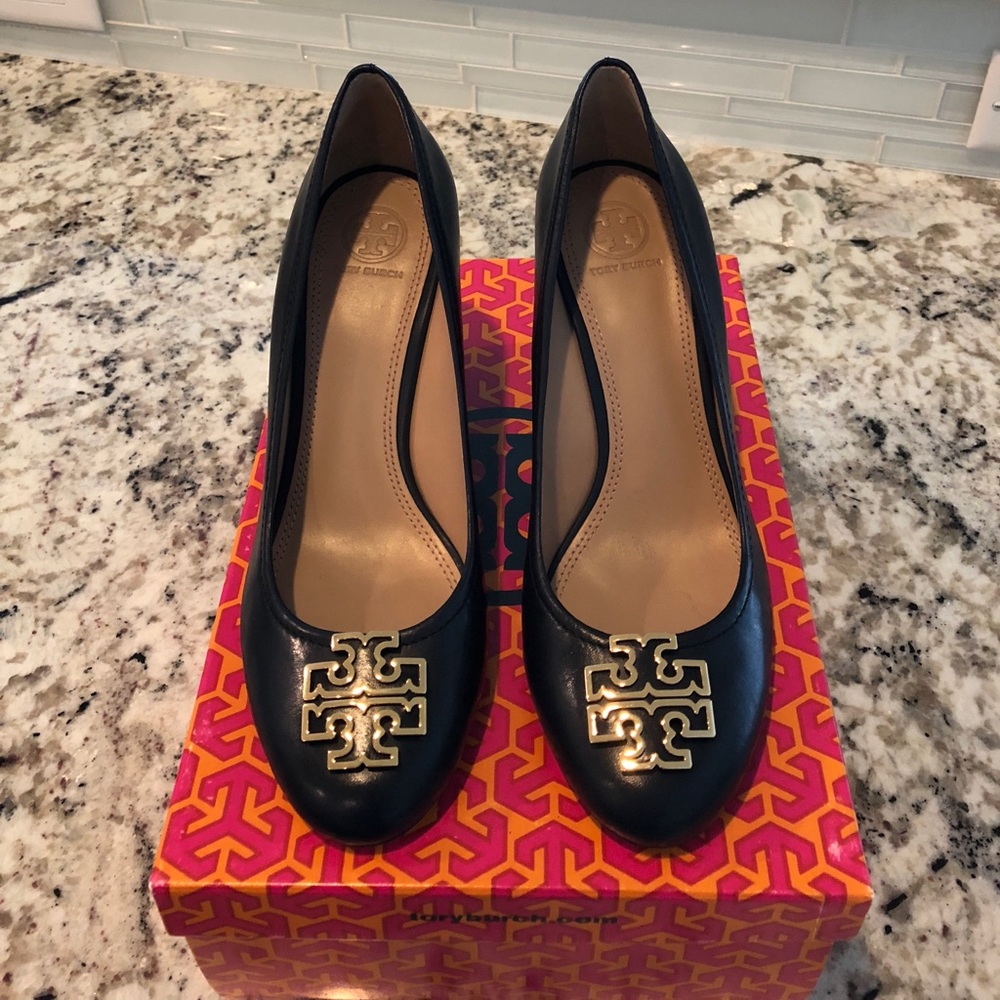 Tory Burch Navy & Gold Melinda Closed Toe Wedge