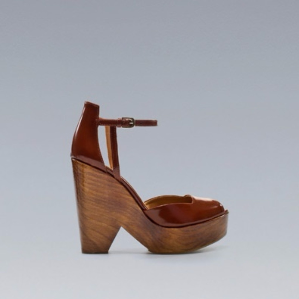 Zara Basic brown patent peep-toe platform wedges