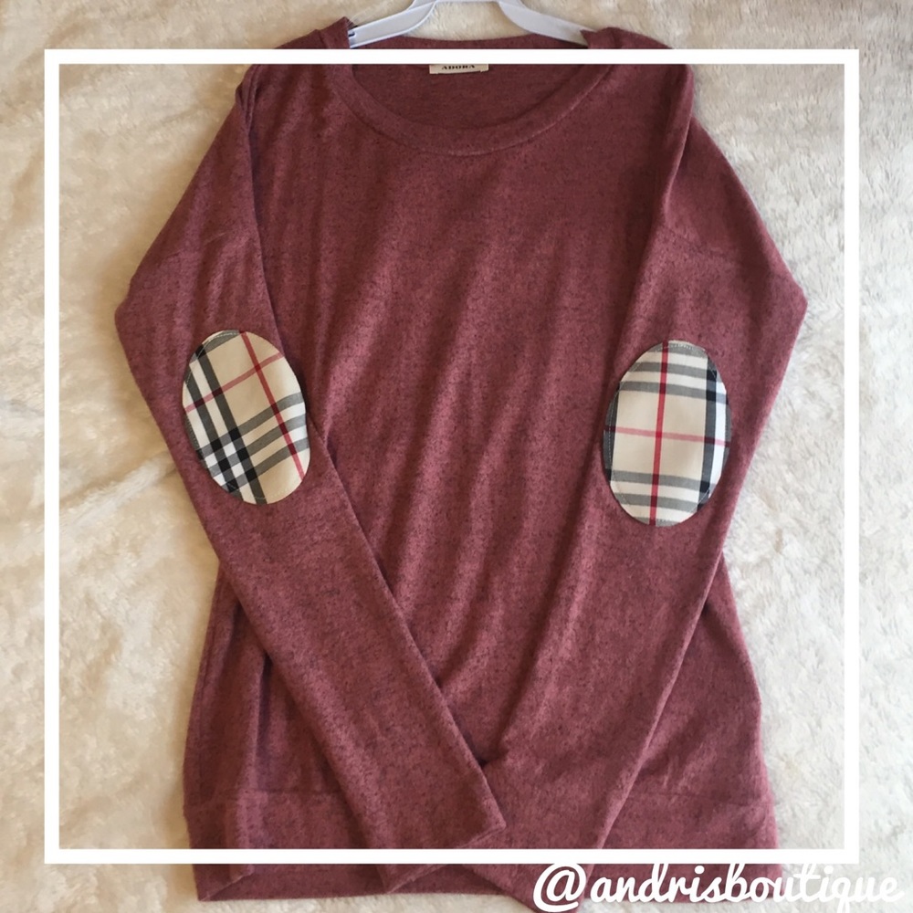 Last one! Plaid Elbow Patch Brushed Knit Top - Picture 2 of 4