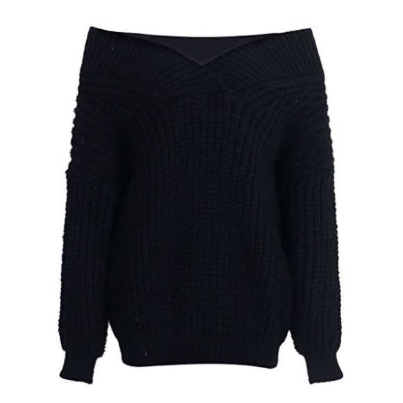 ✨ Chunky Knit Oversized Off Shoulder Sweater Black - Picture 5 of 7