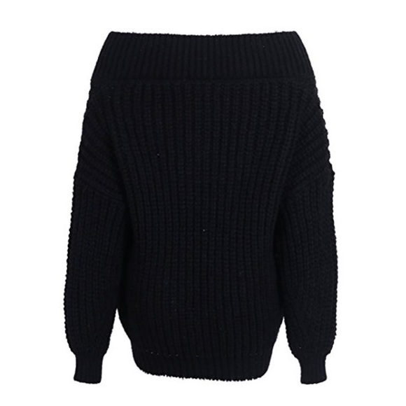 ✨ Chunky Knit Oversized Off Shoulder Sweater Black - Picture 6 of 7