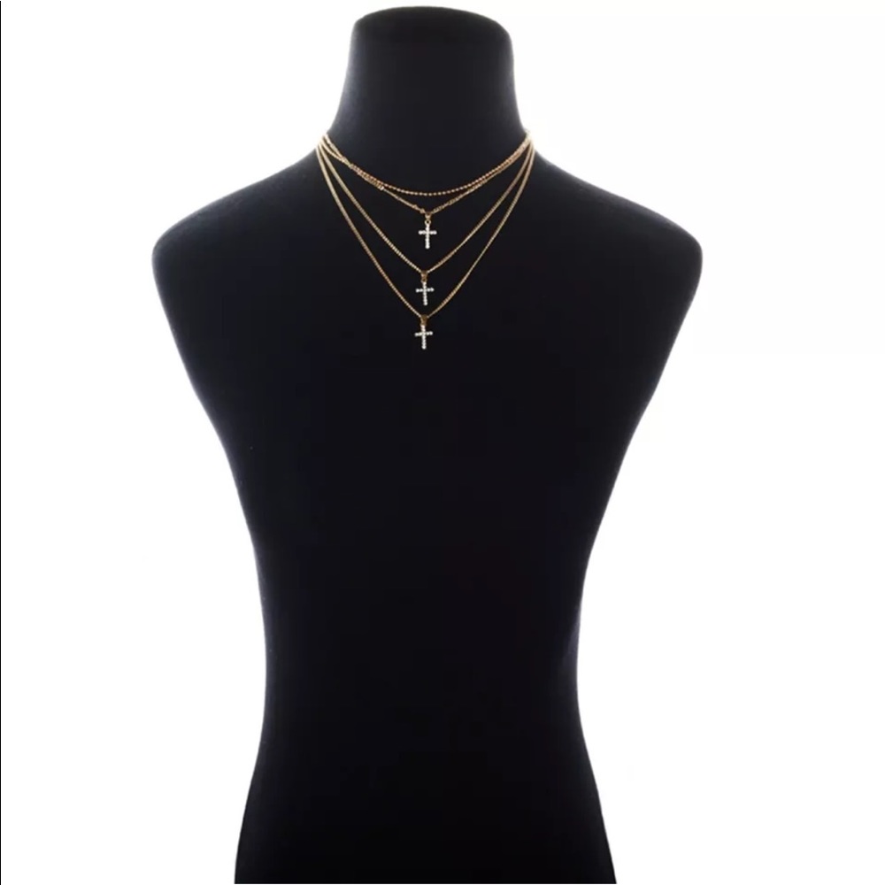✨Rhinestone Cross Gold Layered Necklace - Picture 6 of 8