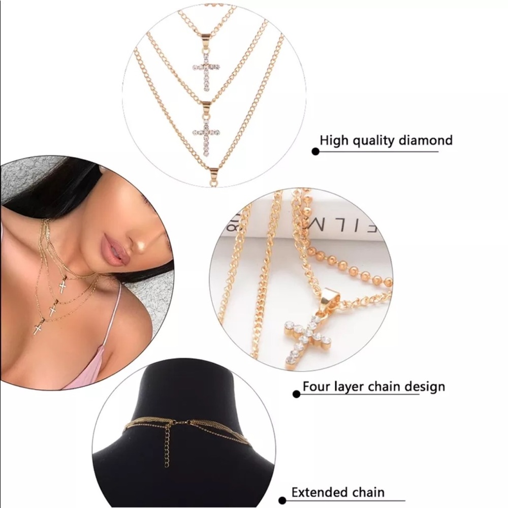 ✨Rhinestone Cross Gold Layered Necklace - Picture 7 of 8