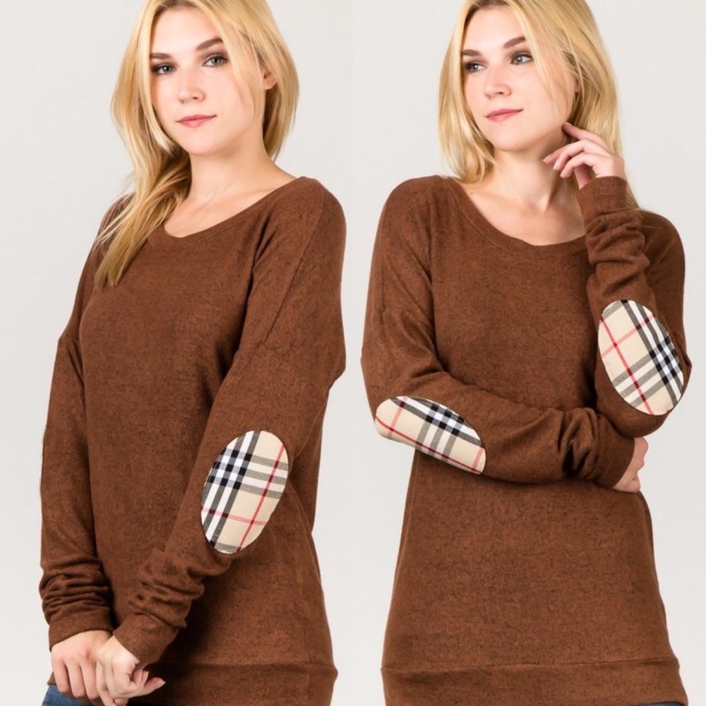 Brown Plaid Elbow Patch Brushed Knit Top