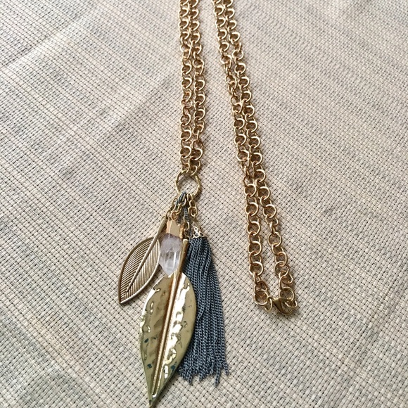 NEW Gold Leaf, Tassel & Gen Crystal Charm Necklace - Picture 4 of 4