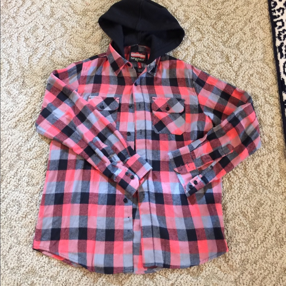PLAID KIDS SHIRT HOODIE SZ XL. FITS MORE LIKE A LG