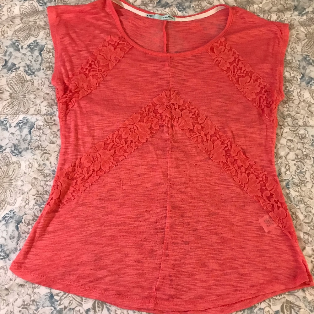 Maurices Coral Pink Lace Burnout Tee