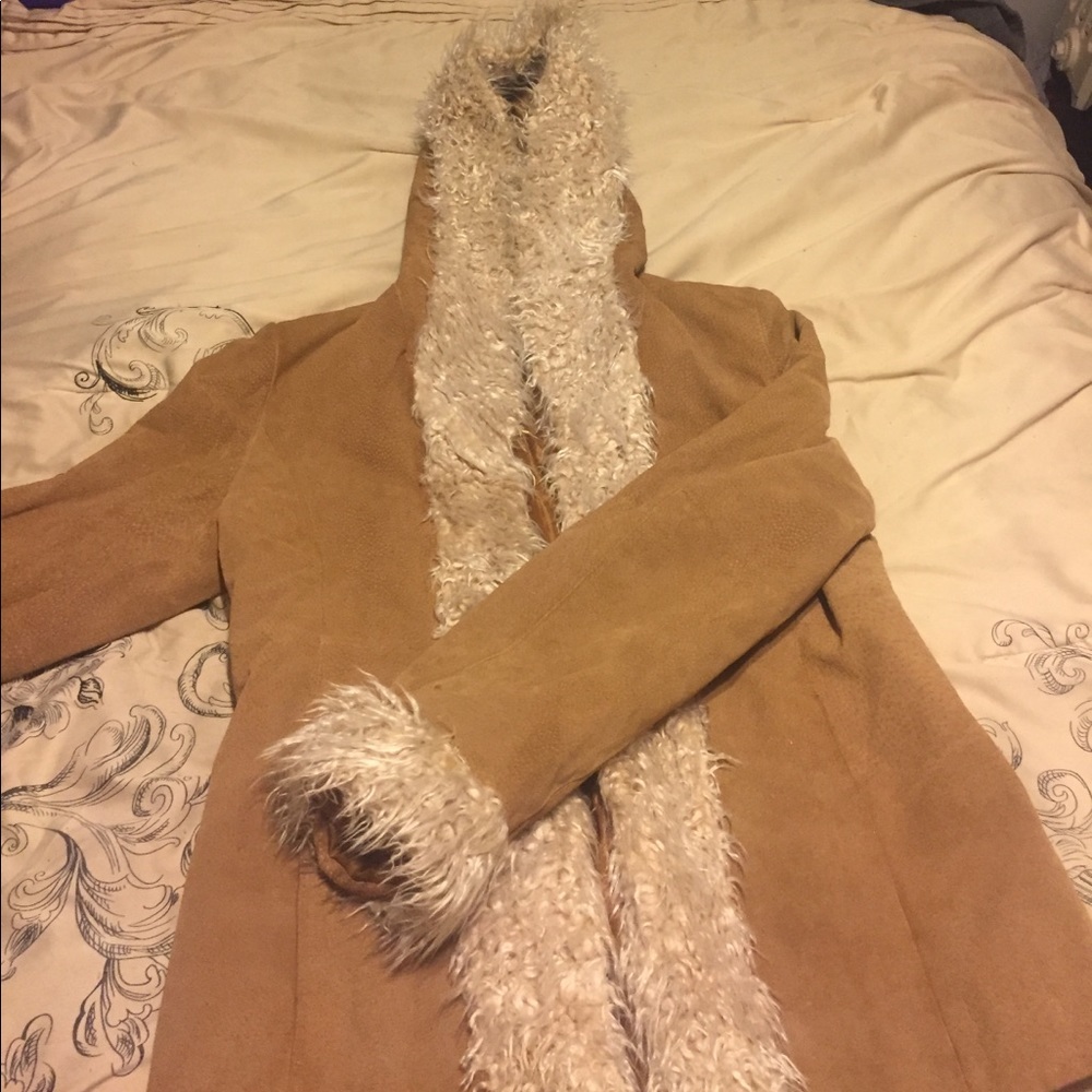 B.Moss Genuine Suede Leather/ Faux Fur Trim Coat