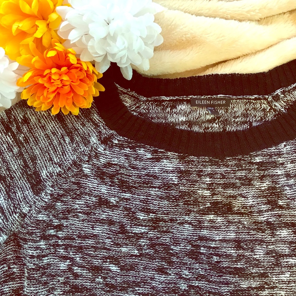 EILEEN FISHER B&W Marled Linen Blend Sweater Sz L