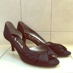 Black Satin Peep-Toe Kitten Heels