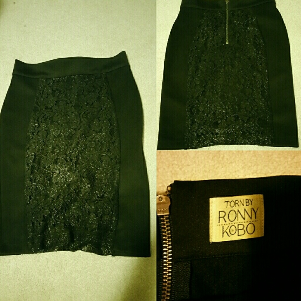 FINAL!!TORN by Ronny Kobo: Gold Black Pencil Skirt