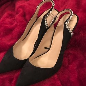ZARA Trafaluc suede silver chain sling black heels