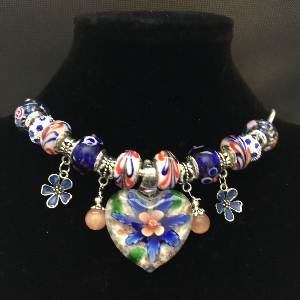 Pandora Style Necklace with a glass dangle & Beads