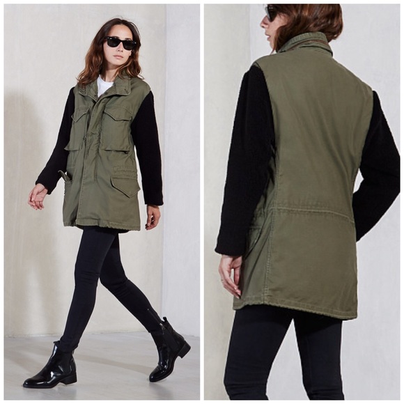 Reformation • Olive Cargo Jacket Shearling Sleeves - Picture 2 of 8