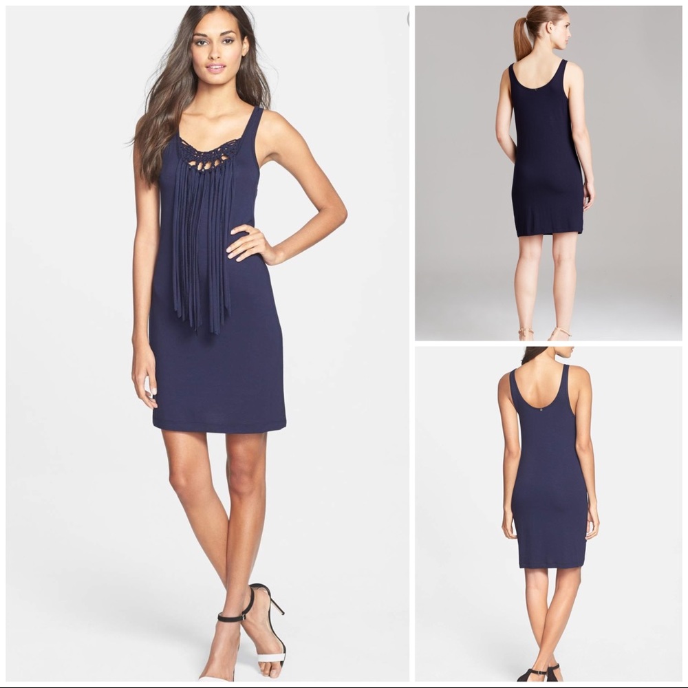 TRINA TURK Althea FRINGE Navy Blue Tank Style Dress NWT Size Small