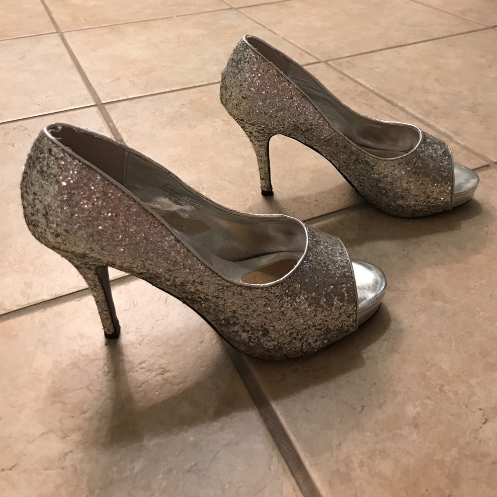 Silver Glitter Platform Open Toe Heels