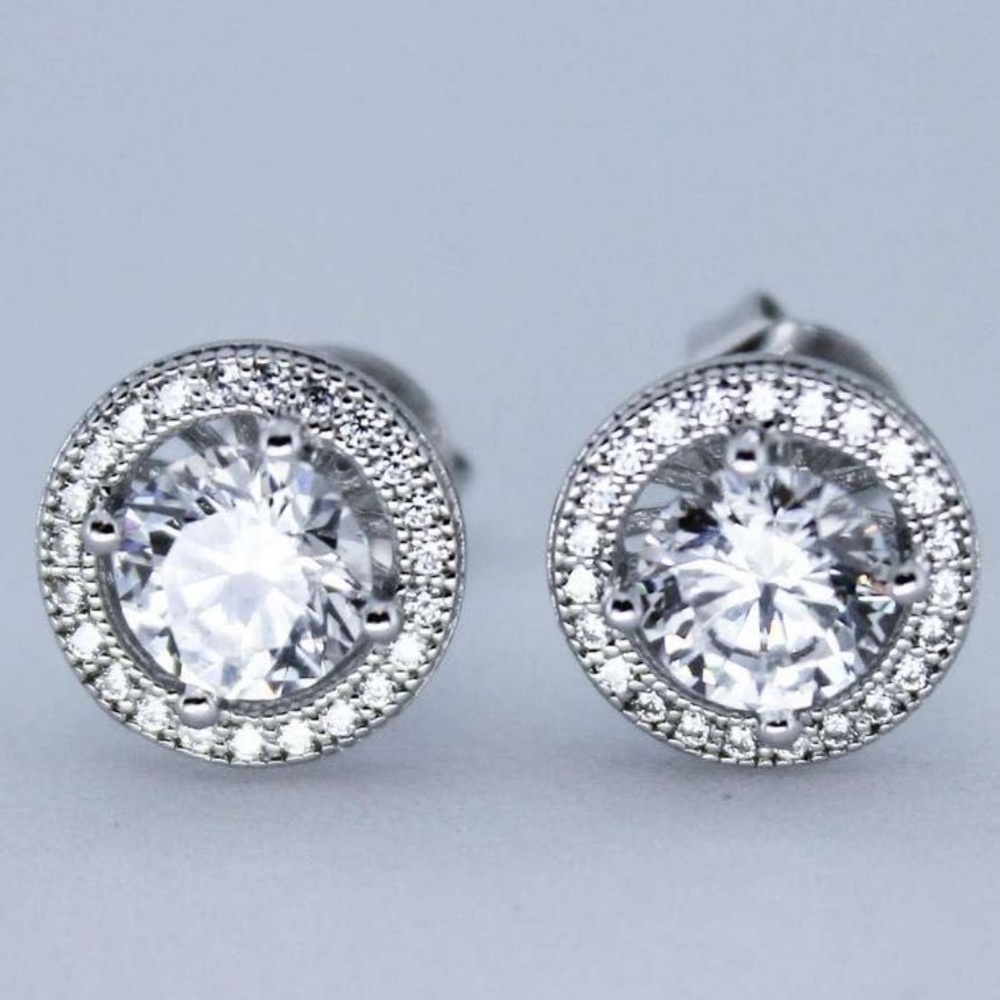 Classy 14k white gold on 925 Silver Halo Earrings - Picture 2 of 3