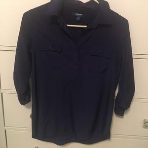 Silk material navy 3/4sleeve shirt.