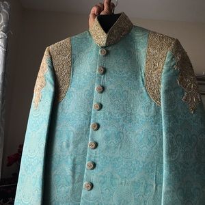 Turquoise sherwani with gold embroidered