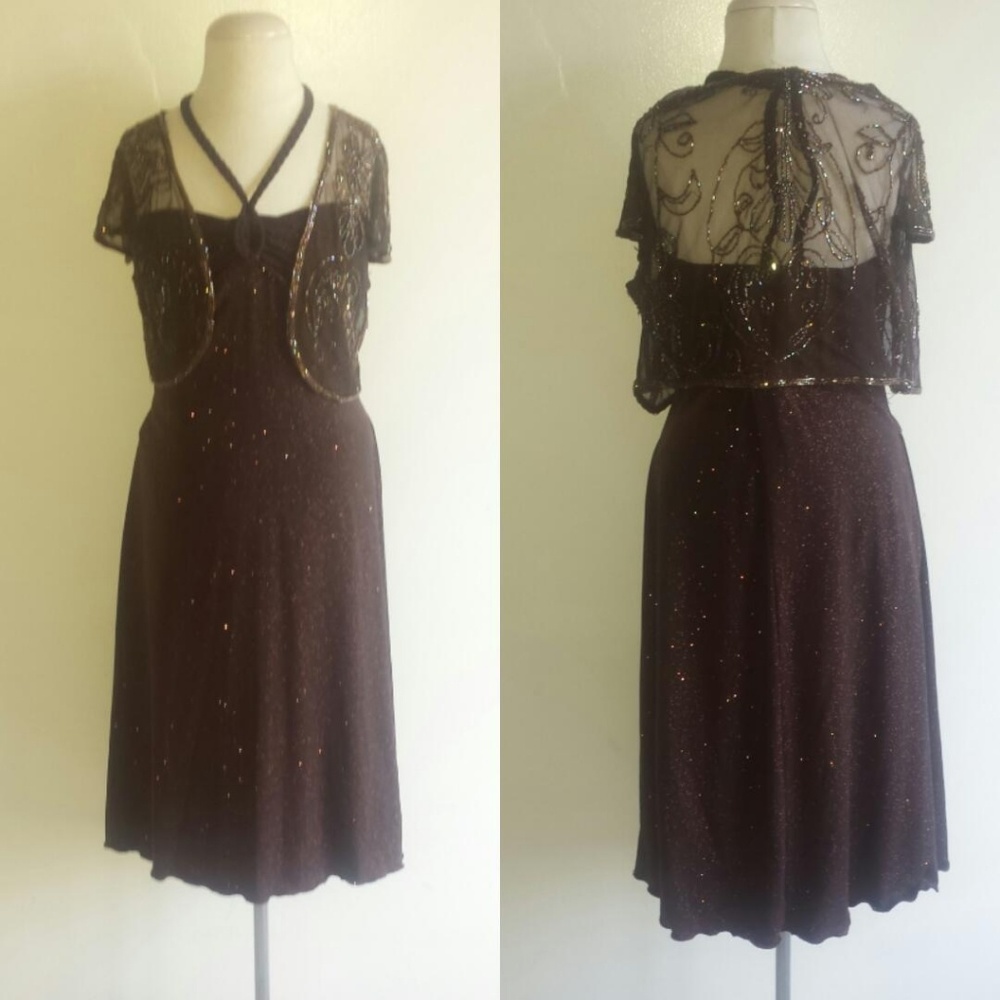 Brown sparkly cocktail dress with beaded shawl