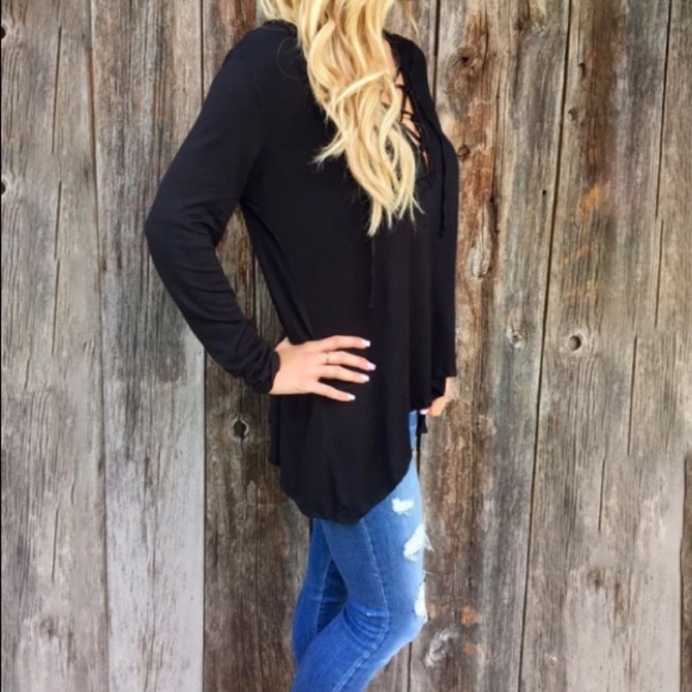 Black Lace-Up Hooded Top - Picture 2 of 6