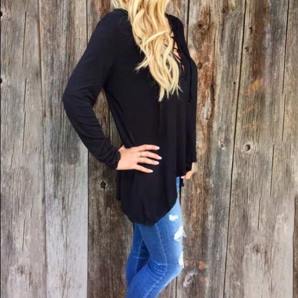 Black Lace-Up Hooded Top - Picture 2 of 6