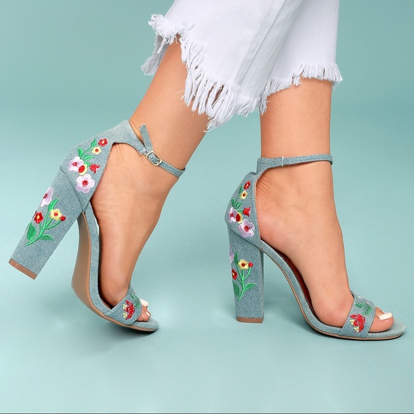 Light Blue Chambray Denim Floral Embroidered Heel - Picture 1 of 4