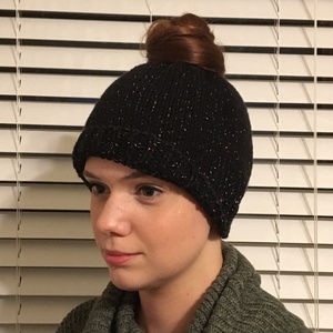 Hand-Knit Black Messy Bun/Ponytail Hat