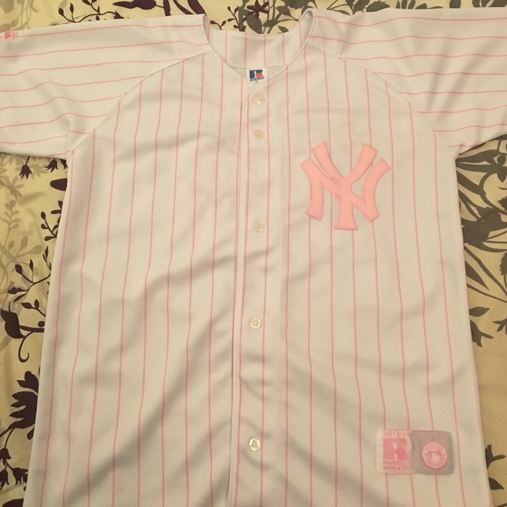 Pink and white pinstripe Yankees jersey