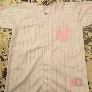 Pink and white pinstripe Yankees jersey