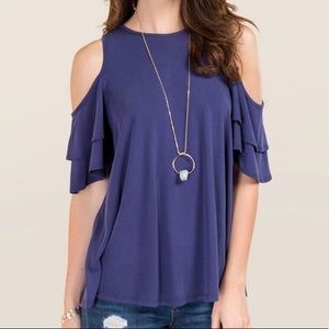 Mauve Cold Shoulder Double Ruffle Sleeve Top, S