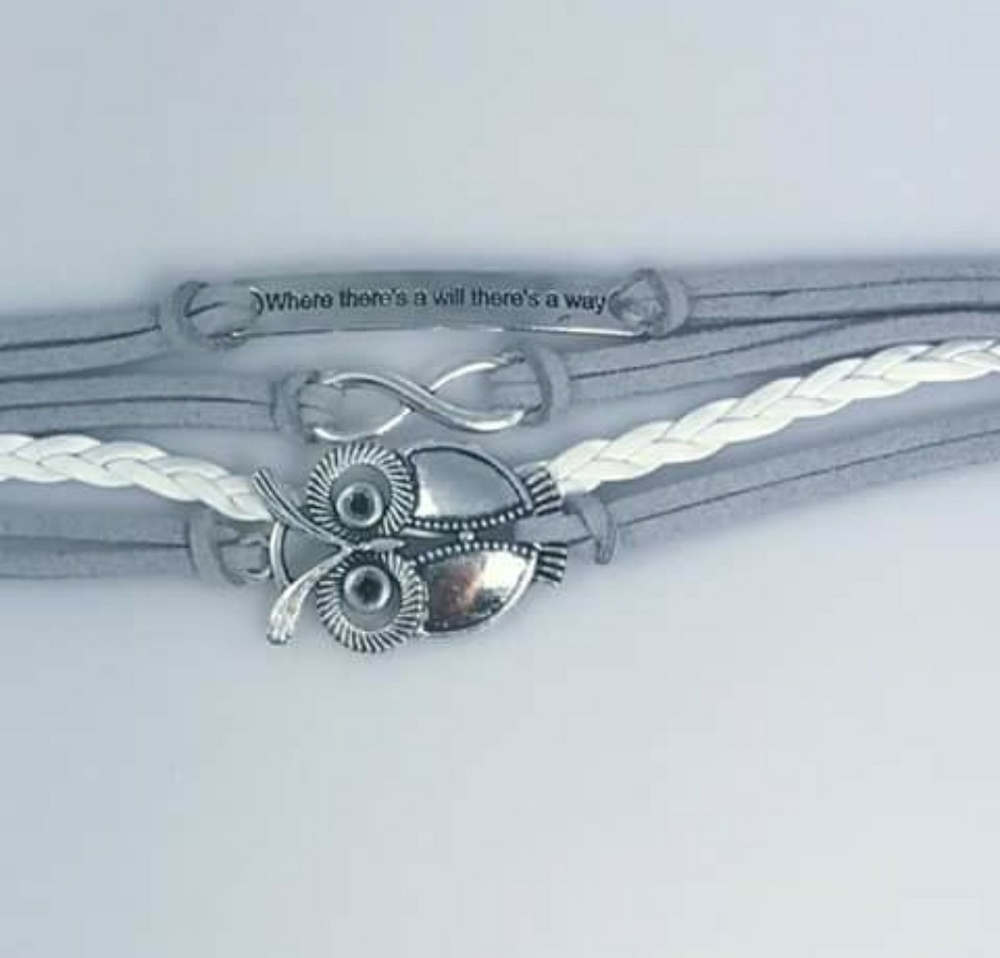 Sedalia Designs Owl Infinity Gray Leather Bracelet