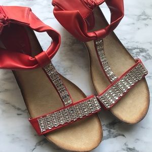 Embellished red wedge sandals