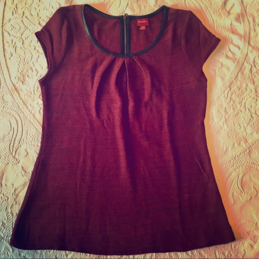 Merona Maroon Knit Top with Faux Leather Trim