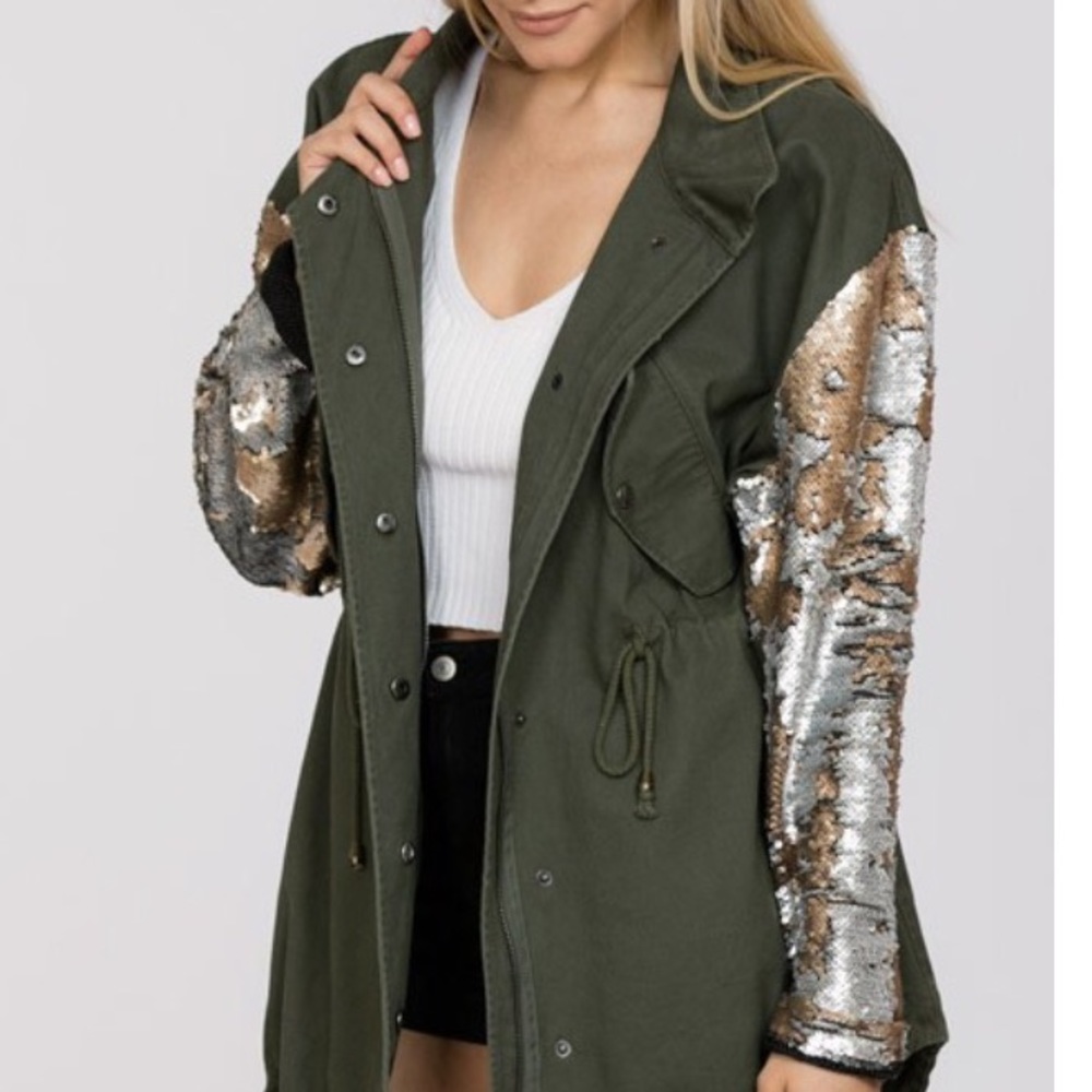 NEW Ladies Green Military Jacket sequin sleeve