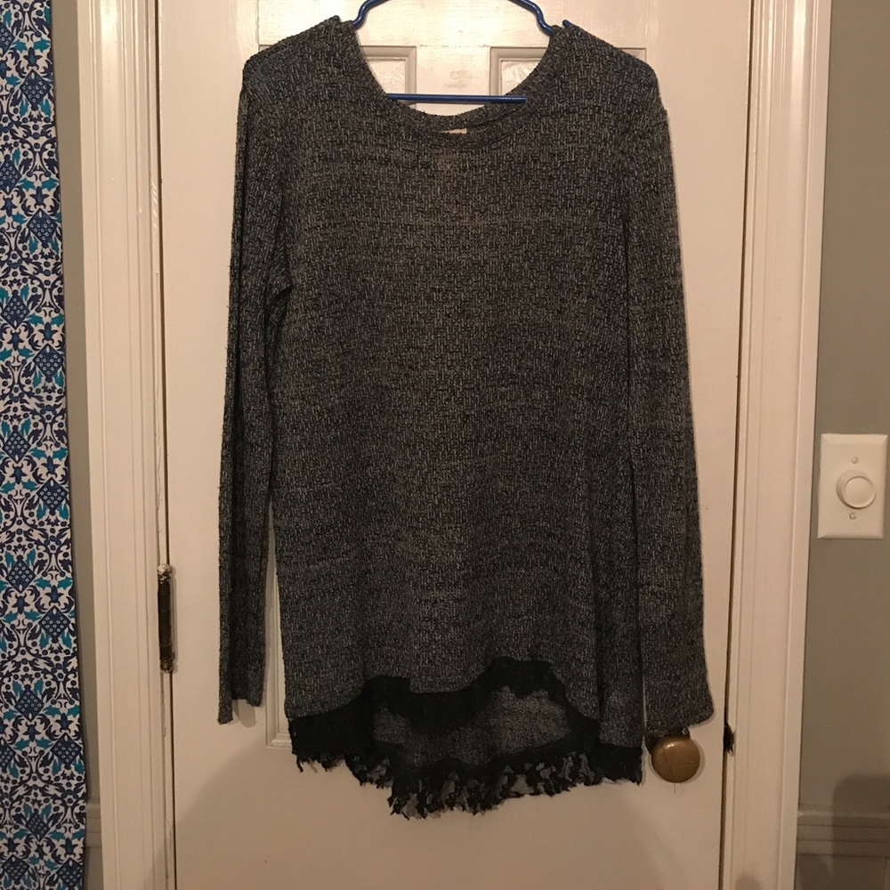 Cozy Lace trimmed gray sweater! Perfect for fall!