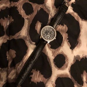 Black Leather Band Guess Watch with Rhinestones