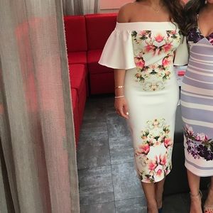 Off the shoulder floral midi fitted dress