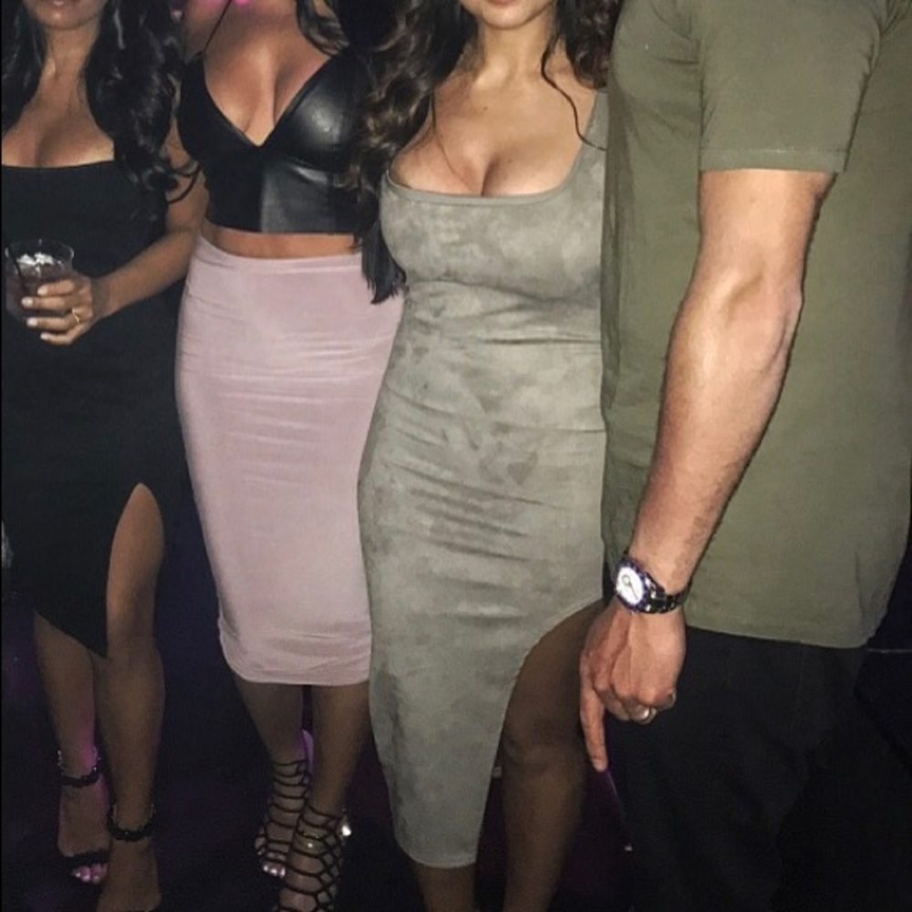 Grey suede high slit fitted dress